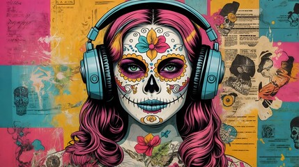 colorful sugar skull girl listens to music,generative ai,generative,ai