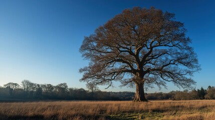 Fototapeta premium A majestic oak tree standing alone in a grassy field under a clear blue sky.