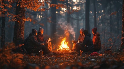 Friends Enjoying a Campfire in the Forest