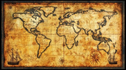 Vintage World Map with Nautical Elements and Aged Texture