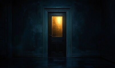 An illuminated door stands in darkness, symbolizing opportunities and new beginnings in a mysterious atmosphere