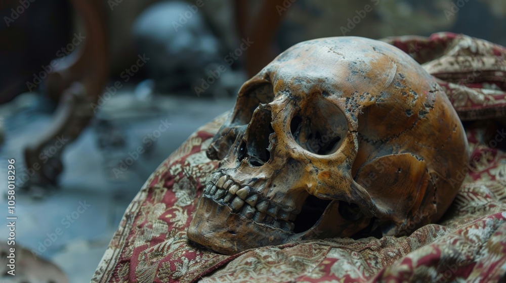 Poster a detailed shot of a prop skull used in a classic tragedy symbolizing the use of symbolism and props