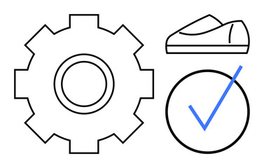 Gear, shoe, and blue checkmark symbols convey themes of efficiency, production, quality, completion. Ideal for manufacturing, automation, process optimization, footwear industry, quality assurance