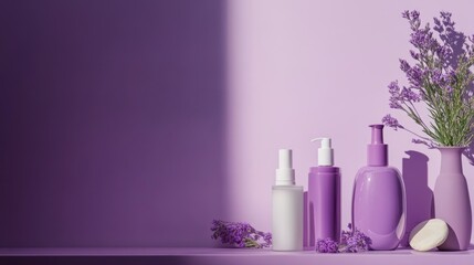 Minimalist cosmetic product display on lavender background with purple floral accents - skincare packaging mockup