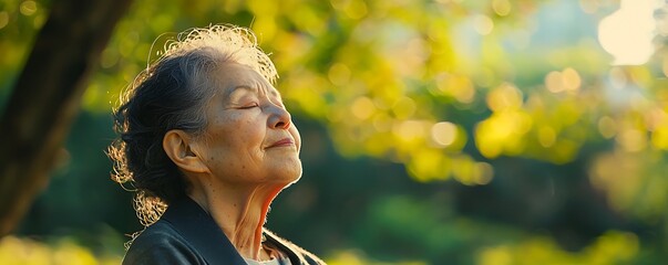 Japanese Elderly Woman Meditating: A serene scene of a Japanese elderly woman meditating in a park, breathing in fresh air.