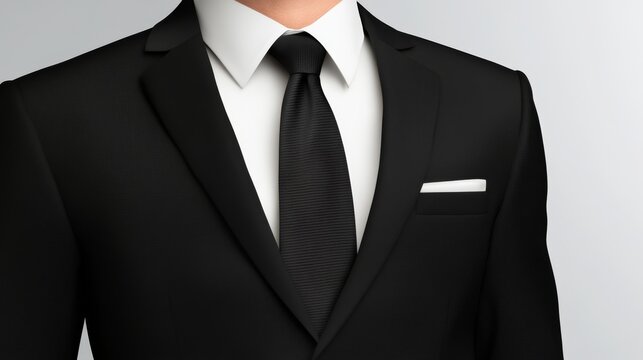 A sophisticated black suit with a tie and a white shirt, perfect for formal occasions and professional settings.