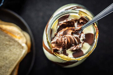 Chocolate cream spread on  spoon. Top view.