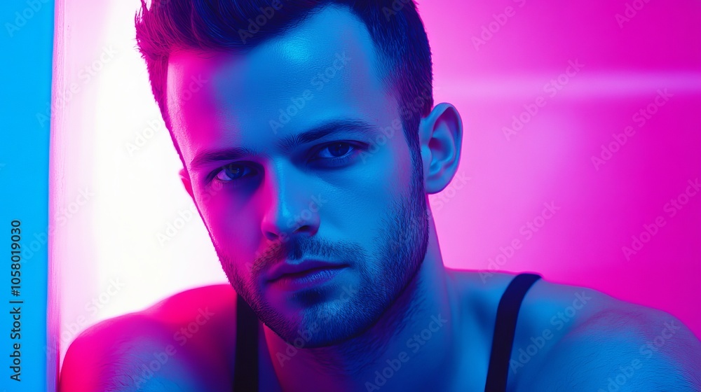 Poster a striking portrait of a man with vibrant neon lighting emphasizing strong features and a contemplat