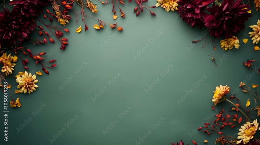 Poster a collection of autumn flowers in various colors is artfully arranged around the edges of a green ba