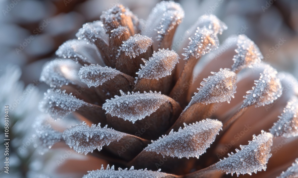 Poster frosted pinecone texture, with each scale delicately coated in a layer of sparkling ice crystals