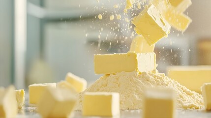 Fresh butter cubes falling onto flour powder with motion splash effect, baking and pastry ingredients concept
