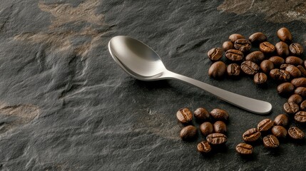 Spoon and Coffee Beans on Dark Slate Surface