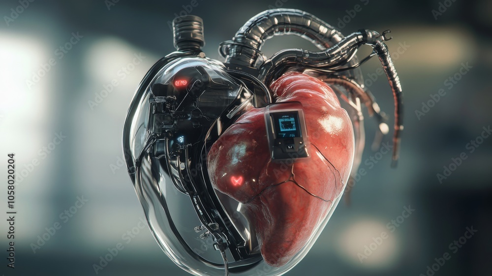 Poster a 3d rendering of a human heart encased in a transparent, mechanical shell. the human heart is red, 