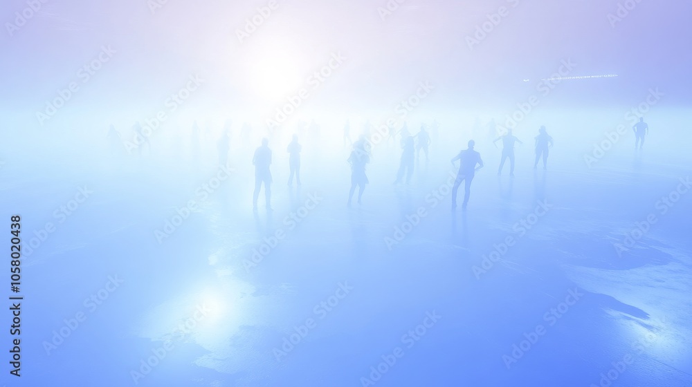 Poster a surreal scene of shadowy figures shrouded in mist, illuminated by a soft light, creating an ethere
