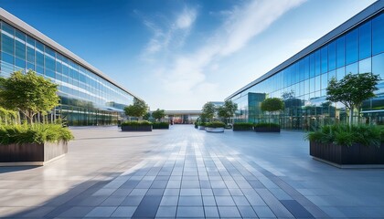 ガラスと緑が映えるショッピングモール外観、都市的なモダンデザイン