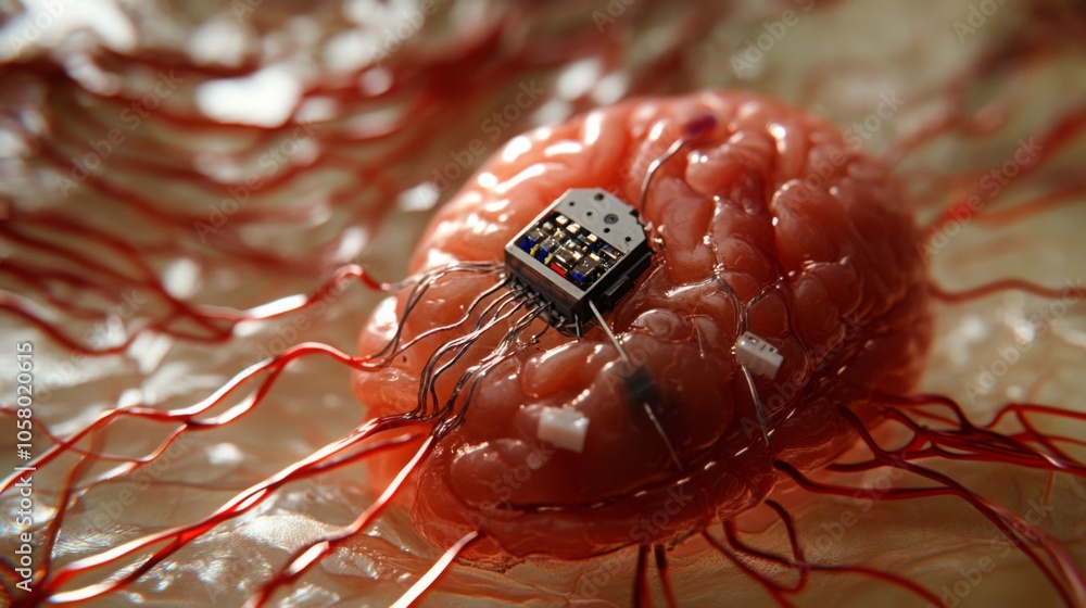 Poster A detailed representation of a brain-like structure integrated with advanced electronic components and wiring.