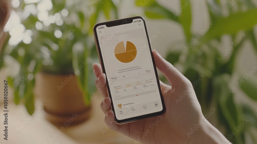 Aufkleber close-up of a hand holding a smartphone displaying a pie chart on a mobile app.