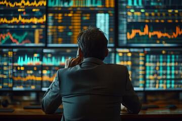 Economist analyzing financial trends on multiple screens, looking satisfied with their analysis.