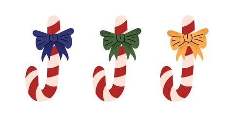 Set of candy canes with bows. Christmas striped sticks, a sweet Christmas dessert. Winter red and white caramel snack. Flat vector illustration isolated on white background