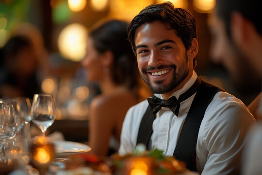 Waiter serving food in a bustling restaurant, smiling as they interact with customers.