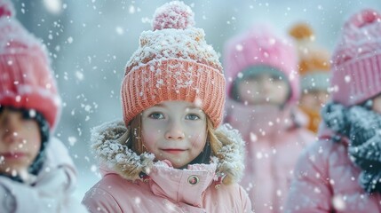 Fototapeta premium Children in pastel parkas and vibrant knitted hats play joyfully in a snow-covered park, their laughter filling the air as winter's beauty surrounds them.