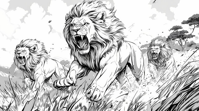 Lion king full aggressive expression black and white illustration. African Savannah Warriors. Illustration