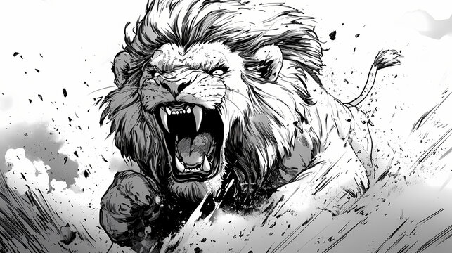 Lion king full aggressive expression black and white illustration. African Savannah Warriors. Illustration