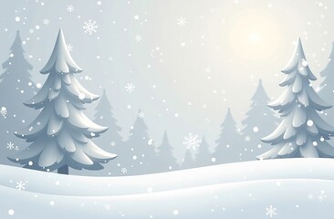 Obraz premium Winter snowy landscape, it’s snowing, there are two fir trees, a blurry forest of fir trees in the background, white and gray picture, illustration