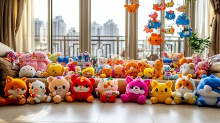 A vibrant collection of plush toys arranged in a cozy space, showcasing adorable characters and bright colors by the window.