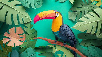 Vibrant Paper-Crafted Toucan with Lush Tropical Leaves Background