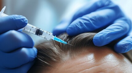 A professional administers hair restoration injections to a patient in a clinical environment, highlighting a focus on hair regrowth and rejuvenation