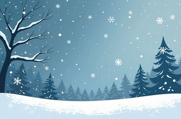 Obraz premium Winter snowy landscape, it’s snowing, there are trees in front, a blurry forest of fir trees in the background, white black and gray picture, night illustration