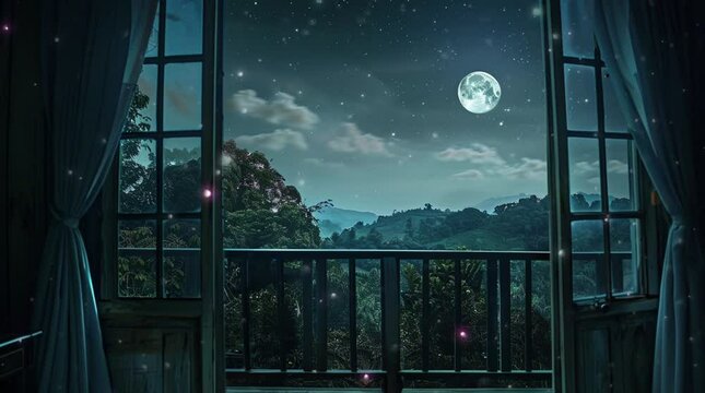 Enchanting balcony with view of fantasy night landscape under starry sky and glowing moon
Seamless looping 4k time-lapse virtual video animation Generated AI
