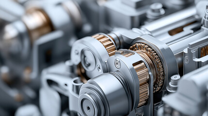 Fototapeta premium Close-up of intricate mechanical gears and components in an engine, featuring metallic surfaces and detailed textures.