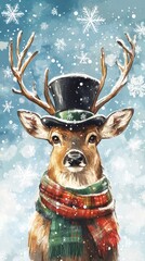 Naklejka premium Festive deer in a black top hat and plaid scarf with falling snowflakes against a blue watercolor background, creating a whimsical winter holiday scene