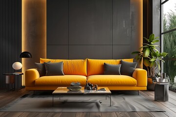 Modern Interior of Stylish Living Room ,Wall Mock Up, Frame , Poster with Beautiful Background, 3d render