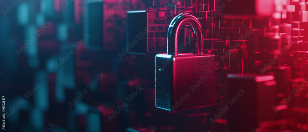 Poster cybersecurity concept with padlock in digital network background
