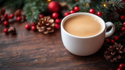 Белая чашка с напитком на деревянном столе с красными ягодами, шишками и еловыми ветками. Copy space for text