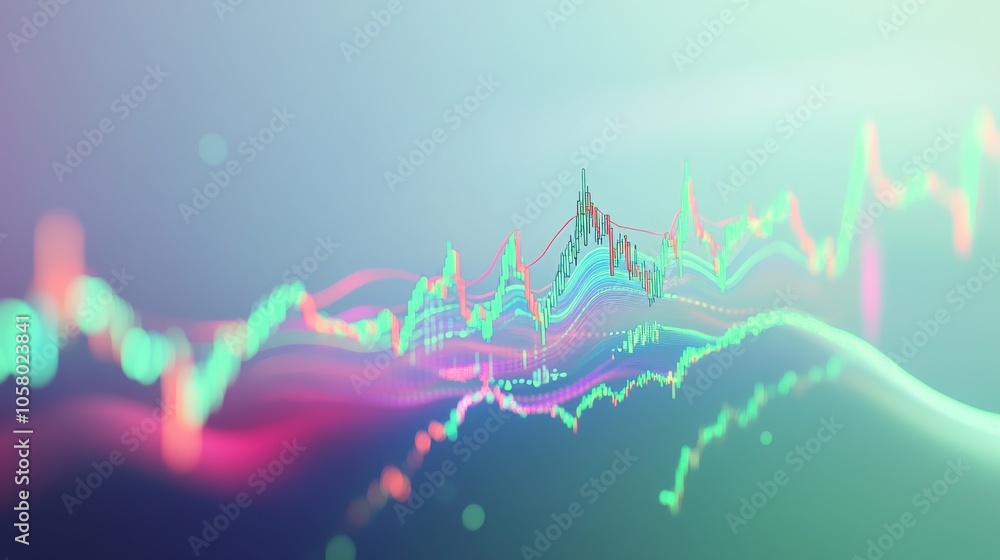 Poster abstract digital graph demonstrating data trends with vibrant colors and flowing lines, ideal for fi
