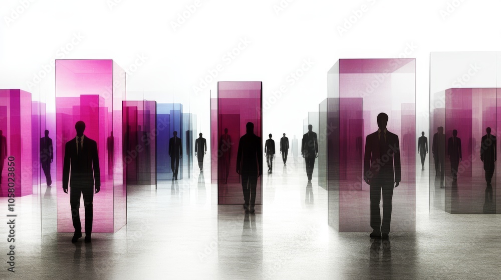Aufkleber abstract figures in a modern space, surrounded by translucent structures, representing diversity and