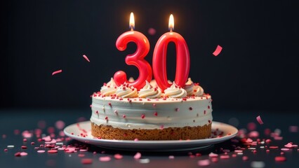 A birthday cake with lit candles that spell out the number 30, on a dark background with sprinkles. Concept of a 30th birthday. 