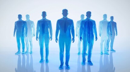 Abstract illustration of humanoid figures in blue tones, representing technology, futurism, and individuality in a digital space.