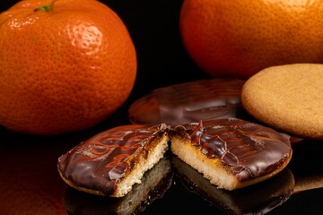 Chocolate biscuit, filled with orange, strawberry, peach and lemon jam, accompanied by orange fruit and on a black background.
