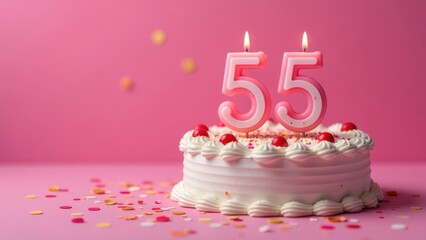 A birthday cake with lit candles that spell out the number 55, on a pink background with confetti. Concept of a 55th birthday celebration. 
