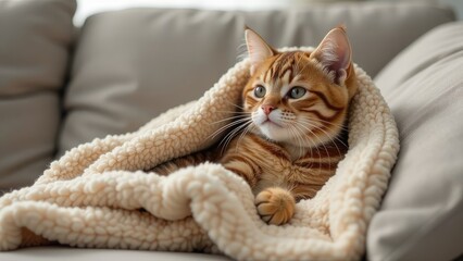 A cute orange tabby kitten is curled up on a couch under a fluffy white blanket. Concept of pet love.