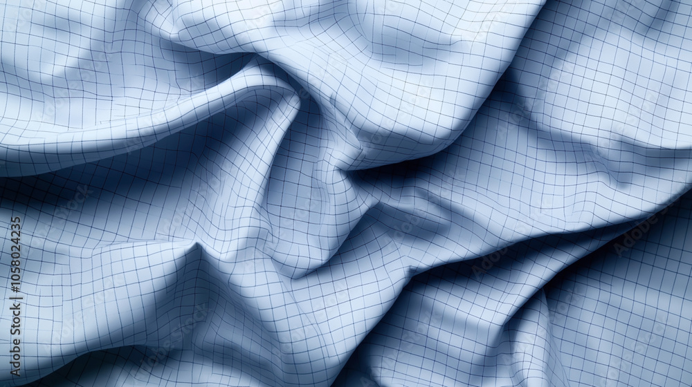 Wall mural close-up of crumpled light blue fabric with a grid pattern, showing detailed texture and soft folds.