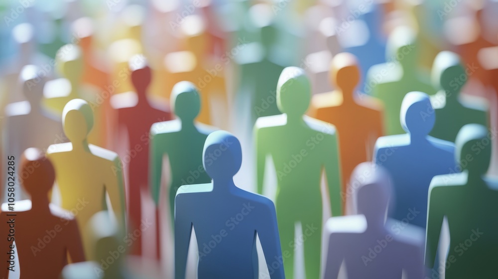 Poster an abstract representation of a diverse crowd, showcasing colorful figures symbolizing unity, divers