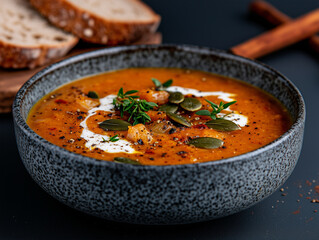 Creamy butternut squash soup seasoned with black pepper, garnished with thyme, pepitas seeds, sour cream, in a modern bowl