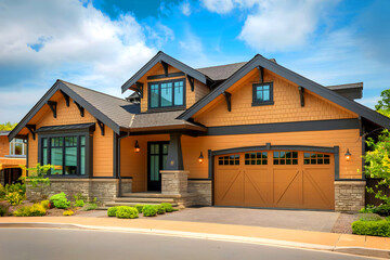 New beautiful luxury house exterior with garage, cloudy sky.