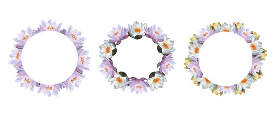 Watercolor floral wreaths with lilac white water lily Purple lotus flower Circular frame for postcard poster greeting card Spa logo design Women's day 2025 decoration Botanical border template Bloom